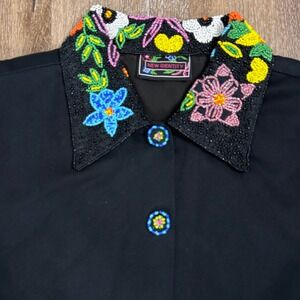 Y2K Womens Floral Beaded Blazer Sz-L Colorful Button-Up Boho Witchy Forest Fairy